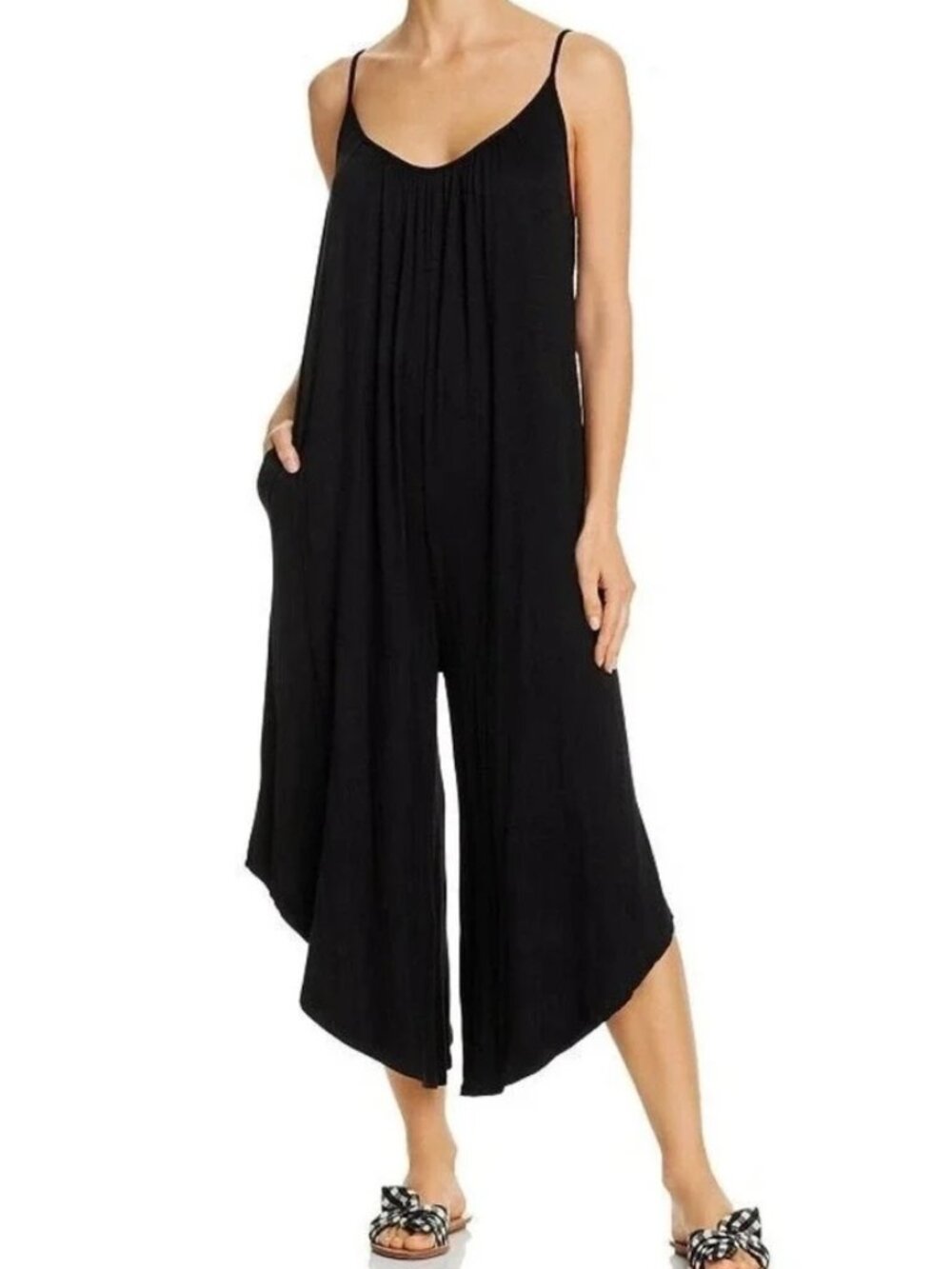 Ecothreads Black Spaghetti Strap Flowy Lagenlook Pocket Jumpsuit Romper S